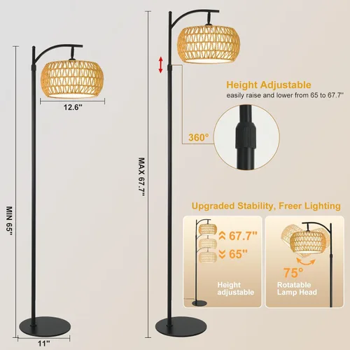 Vista 5 de Lámpara de pie de ratán boho con pantalla - Bombilla LED brillante de 12 W, altura ajustable de 48-60 pulgadas, control remoto con 3 temperaturas