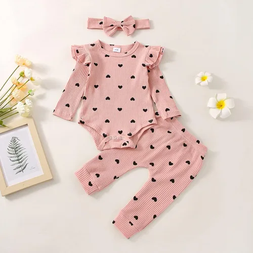 Vista 2 de Ropa para bebé recién nacida, para otoño e invierno, acanalada, con volantes, manga larga, conjunto de 3 piezas, 0 a 18 meses