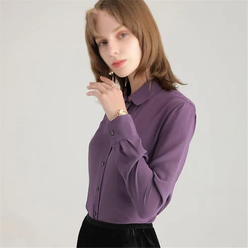 Vista 4 de Camisa de manga larga 100 seda real para mujer cuello abatible blusa morada Morado XL