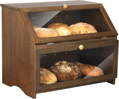 Vista 12 de HOMEKOKO Panera grande de doble capa para encimera de cocina, contenedor de almacenamiento de pan de madera de gran capacidad (negro)