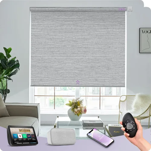Vista 27 de Graywind Persianas enrollables motorizadas 100% opacas compatibles con Alexa Google, de vinilo, impermeables, inalámbricas, control remoto A-Beige