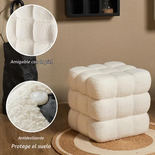 Vista 8 de Otomana cuadrada de sherpa blanca – Puf grande de 17.3 pulgadas con marco de madera resistente, 330 libras de capacidad, moderno taburete de tocador