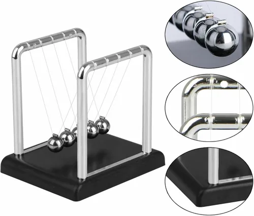 Vista 2 de Péndulo de equilibrio de bola de equilibrio de metal de escritorio con base de madera negra Newtons Cradle Balance Balls para ciencia física Gadget
