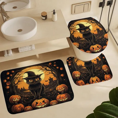 Vista 6 de Juego de 4 cortinas de ducha de Halloween, gato negro, luna llena, calabaza aterradora, cortina de ducha y alfombras, juego de cortina de ducha