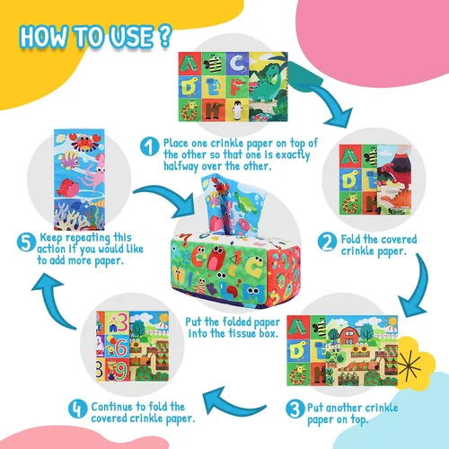 Vista 3 de URMYWO Caja de pañuelos de bebé juguete - Juguetes Montessori para bebés de 6-12 meses 1 año niño niña - Juguetes sensoriales suaves crujientes