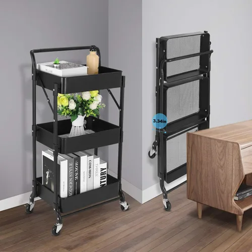 Vista 6 de Carrito plegable de metal de 3 niveles, carrito organizador plegable de almacenamiento multifunción para oficina en casa y biblioteca (negro)