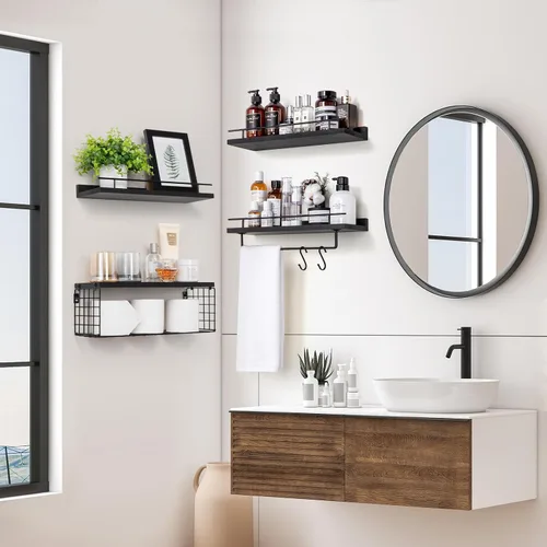 Vista 2 de SALA Juego de 4 estantes de baño para montar en la pared, estantes flotantes sobre papel higiénico con toallero, estantes de pared de madera