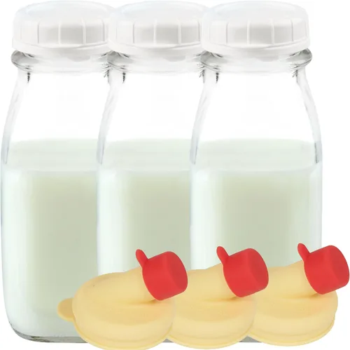 Vista 11 de kitchentoolz Botella de crema de vidrio de 12 onzas, botella de leche de vidrio cuadrada con tapas, botellas de vidrio con tapas, recipiente