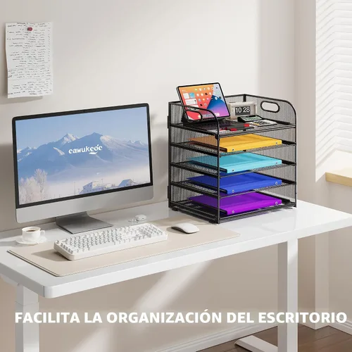 Vista 2 de Cawukege Organizador de papel de 5 niveles con asa, organizador de escritorio de malla de metal negro, carpeta de archivos, bandeja de cartas