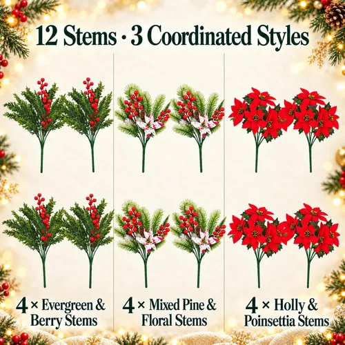 Vista 2 de 12 paquetes de púas artificiales de Navidad, tallos de pino cedro y bayas