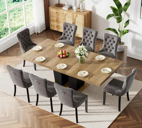 Vista 7 de Mesa de comedor extensible de 78.74 pulgadas para 6 8 y 10 pulgadas, moderna mesa de comedor extensible de granja con base de doble pedestal, mesa