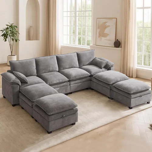 Vista 14 de Juego de sofá modular grande en forma de U – Sofá de nube de gran tamaño de 4 plazas para sala de estar, sofás grandes y cómodos de tela