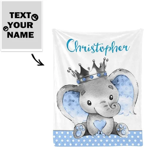 Vista 2 de Manta de bebé personalizada de príncipe elefante, manta personalizada para guardería, 30 x 40 pulgadas, para bebé, niño y niña, con nombre para baby