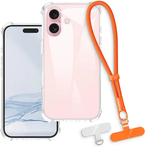 Vista 8 de Funda y correa de muñeca para iPhone 16 - transparente+negro Funda protectora 2 en 1 para teléfono de 6.1 pulgadas con cordón desmontable y Funda