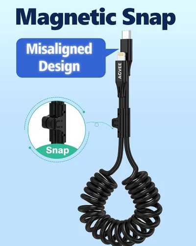 Vista 2 de AGVEE Cable de carga corto USB-C a Lightning en espiral de 1.5 pies [certificado MFI] Cable de carga rápida PD de 30 W en el automóvil para iPhone
