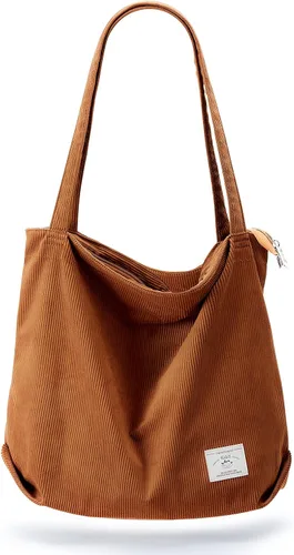 Vista 34 de KALIDI Bolsa Tote de Pana para Mujer con Cremallera Bolsa de Mano Casual Tote Bolsa de Hombro de Gran Capacidad con Bolsillos 1 negro y 1 blanco.