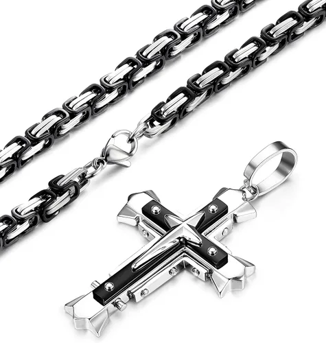 Vista 4 de LOLIAS Collar con colgante de cruz de acero inoxidable de 0197in para hombre cadena bizantina de 22 a 30 pulgadas