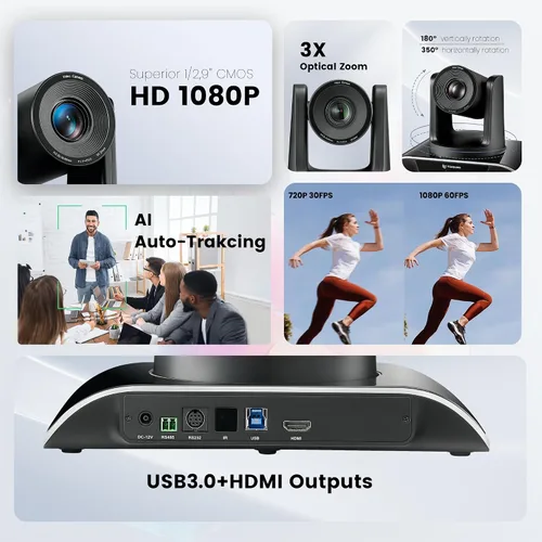 Vista 9 de TONGVEO Sistema de cámara de video para sala de conferencias todo en uno HD1080P 60fps Zoom óptico 3X USB3.0 HDMI Cámara PTZ con seguimiento