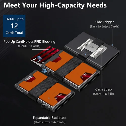 Vista 32 de Cartera delgada de aluminio para hombre, placa trasera expandible duradera, bloqueo RFID, billetera desplegable de metal minimalista, con capacidad
