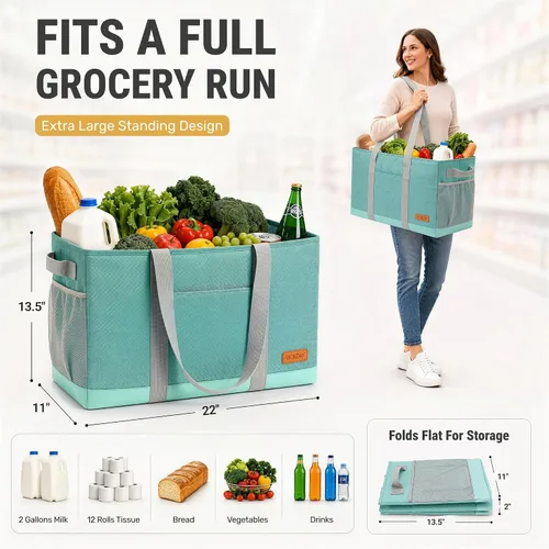 Vista 2 de WONDAY Portador de Bolsa de Compras Reutilizable Extra Grande de Pie con Asa, Treinta y Una Bolsa Utilitaria Plegable para Compras y Playa Verde