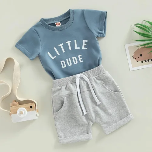 Vista 3 de Conjunto de pantalones cortos con estampado de letras, ropa de verano para bebés y niños pequeños, 0, 6, 12, 18, 24 meses