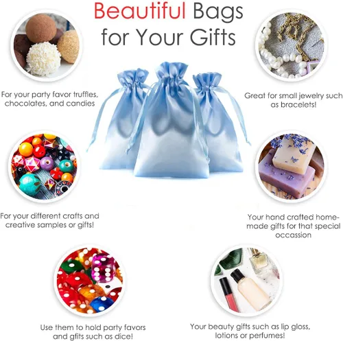 Vista 2 de Bolsas de regalo de satén azul bebé de 4 x 6 pulgadas, bolsas de joyería, bolsas de cordón para recuerdos de boda, baby shower, Navidad, 50 por