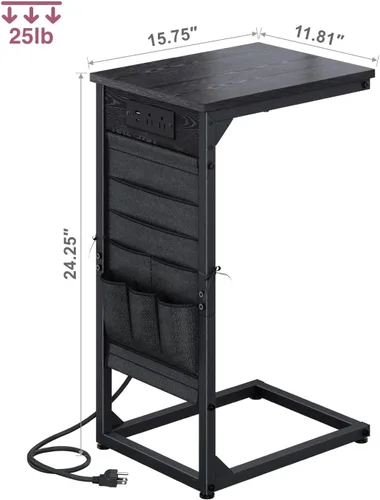 Vista 2 de Mesa auxiliar en forma de C con estación de carga rápida, mesa lateral pequeña para sofá con bolsa de almacenamiento, bandeja de TV para sofá