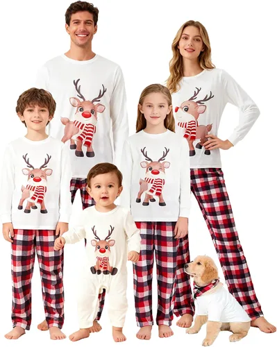 Vista 8 de Awoscut - Conjunto de pijamas navideños a juego, con estampado en la parte superior y pantalones a cuadros #B-7