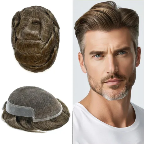 Vista 38 de Mens Toupee Remy Human Hair System For Men Bleached Knot Toupee Hair Piece For Men French Lace Toupee For Men Hairpiece 8X10#17 Dark Ash Blonde 90%