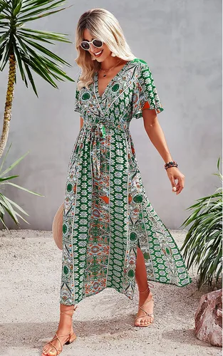 Vista 4 de CCTOO Vestido largo de verano para mujer, estilo casual, bohemio, floral, cuello en V, manga corta, con volantes, con abertura, vestido largo