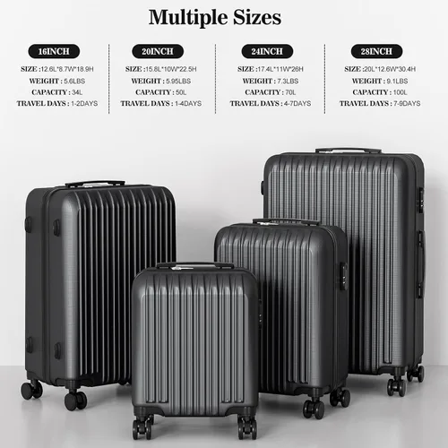 Vista 6 de Juego de 4 piezas de equipaje con ruedas giratorias Maleta de viaje rígida y ligera 16" 20" 24" 28