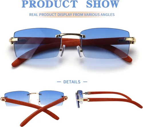 Vista 5 de Dollger Lentes de sol rectangulares sin montura para hombres y mujeres, hip-hop de madera, pequeños lentes de sol cuadrados sin marco de los años 70