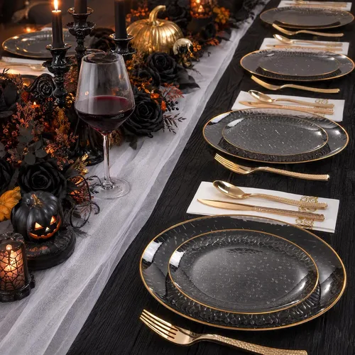 Vista 3 de Hioasis 60 piezas de platos de plástico negro - Juego de vajilla desechable con borde dorado, martillado, resistente, adecuado para 30 invitados