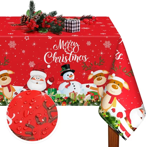 Vista 8 de Tiamon Mantel de Navidad rosa de 60 x 84 pulgadas para mesa rectangular, tela lavable a prueba de agua, cubierta de muñeco de nieve y Papá Noel