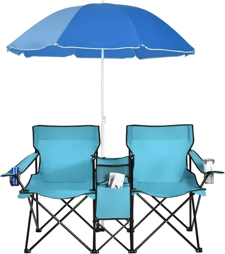 Vista 14 de Goplus Sillas de camping dobles con paraguas, enfriador para patio de playa Negro