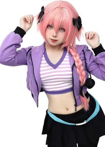 Vista 2 de C-ZOFEK Disfraz de cosplay de Fate Astolfo para mujer disfraz de anime morado con cinturón y tocado fiesta de Halloween FGO Rider