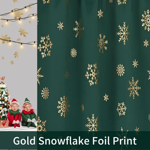 Vista 7 de Cortinas de Navidad de Nivel con Estampado de Copos de Nieve Dorados en Papel Aluminio - 36 Pulgadas de Largo, Cortinas Verdes con Bolsillo