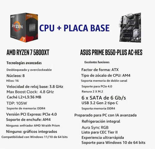 Vista 2 de MICRO CENTER Procesador AMD 5800XT con placa base de CA ASUS Prime B550 AMD Ryzen 7 5800XT+ASUS PRIME B550-PLUS AC-HES