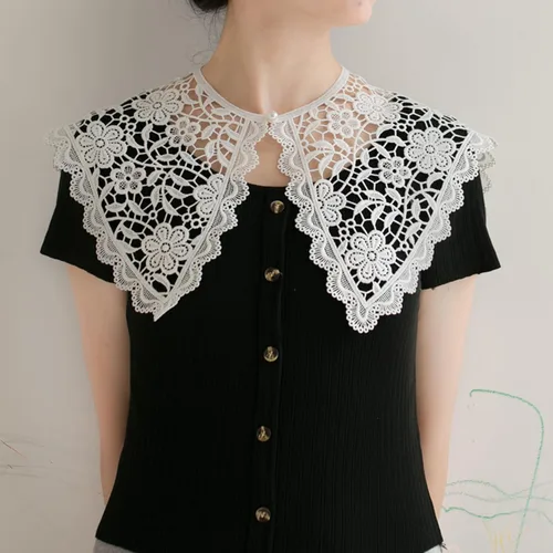 Vista 6 de Encaje ahuecado Floral Cuello Encaje Cuello Envoltura Mediano (Blanco), Blanco