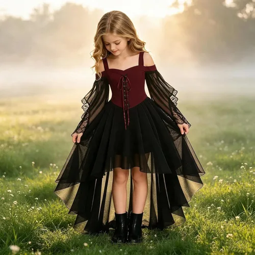 Vista 6 de Vestido de bruja gótica steampunk para niñas, disfraz de vampiro, cosplay Rojo