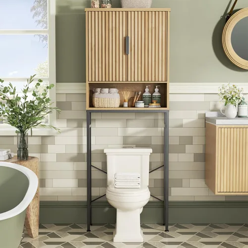 Vista 13 de Gabinete de almacenamiento sobre el inodoro con puertas estilo granja y estante ajustable, organizador de baño alto con soporte de metal que ahorra