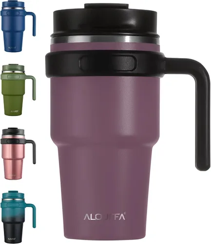 Vista 19 de Taza de café aislada de 20 onzas con asa, vaso de viaje de acero inoxidable con tapa y popote, taza térmica de doble pared al vacío a prueba de Negro