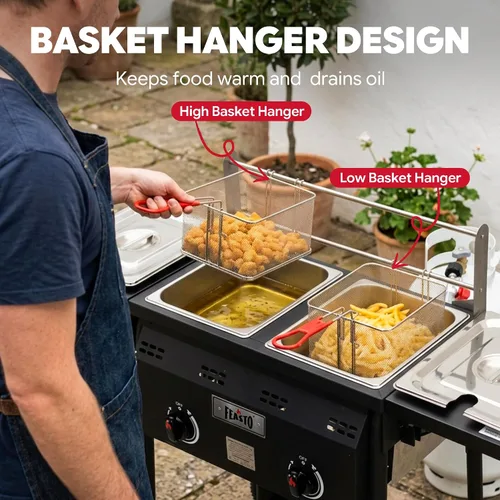 Vista 6 de Freidora profunda al aire libre de propano Feasto, tanque doble con quemadores independientes dobles de hierro fundido y termómetros, olla