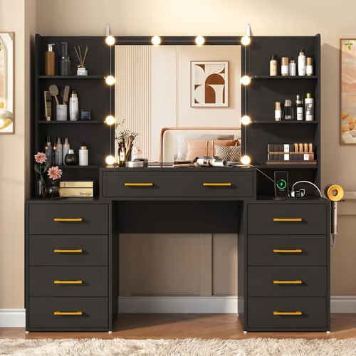 Vista 10 de Escritorio de tocador con espejo y luces, tocador de maquillaje grande de 43.5 pulgadas con parte superior de vidrio y 9 cajones, mesa de maquillaje