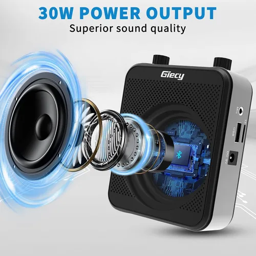 Vista 3 de Amplificador de voz portátil de 30 W con auriculares con micrófono cableado, sistema PA recargable de 2800 mAh, altavoz con micrófono personal