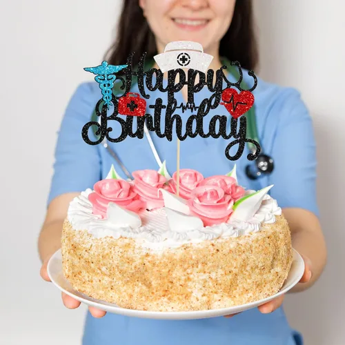Vista 5 de Gyufise Decoración para tartas de cumpleaños con purpurina para enfermera, decoración para tartas médicas, temática de enfermería, fiesta