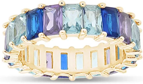 Vista 7 de Anillo de eternidad con piedras preciosas creadas AAA de corte esmeralda, chapado en oro amarillo de 18 quilates