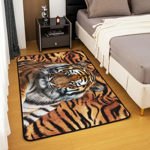 Vista 4 de Alfombra abstracta de tigre, 3 x 5 pies, color marrón y negro, alfombra con estampado de rayas de animales salvajes, para adolescentes y adultos
