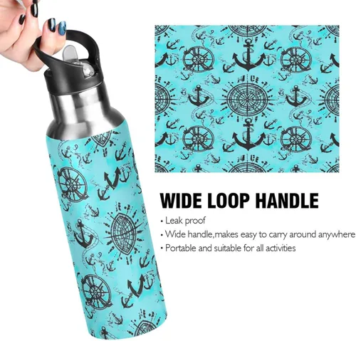 Vista 4 de BPA-Free Sport Water Bottle 32 Oz, Insulated Water Bottle for Gym Outdoor Travel School, Nautical Anchors Teal Black