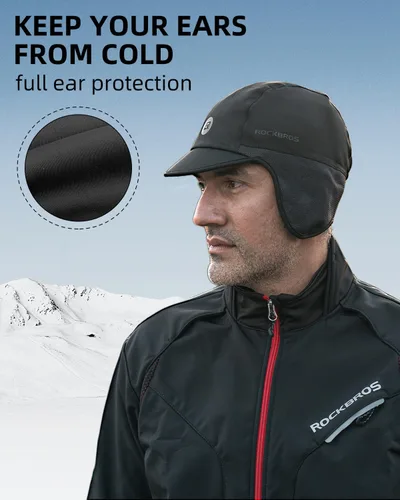 Vista 8 de ROCKBROS Gorras de ciclismo de invierno para hombres y mujeres, sombrero de ciclismo a prueba de viento con visera solar debajo del casco forro negro